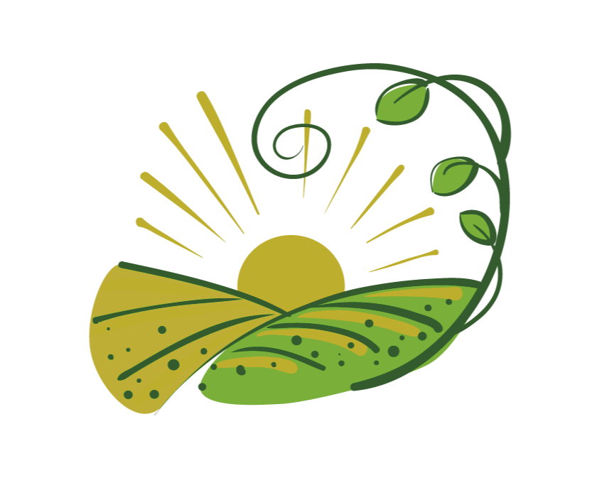 Stylized illustration of a sunrise over rolling hills with green leaves and vines surrounding it.