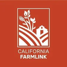 California Farmlink logo with stylized farm landscape and a house in white on a red background.
