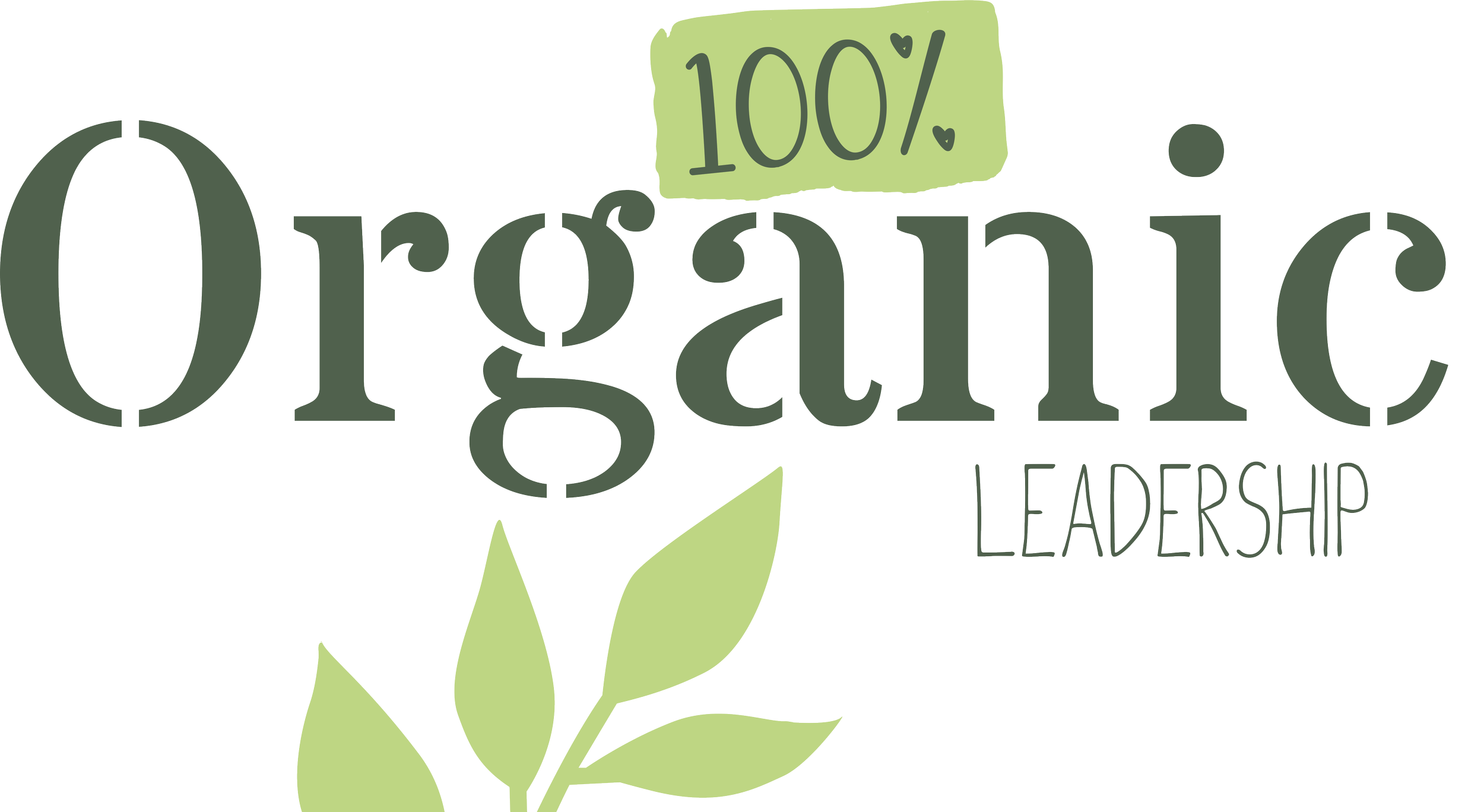 Text reading '100% Organic Leadership' with a green leaf and plant graphic.