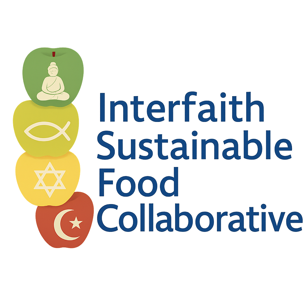 Icons representing spirituality, fish, Judaism, and Islam aligned vertically next to the text 'Interfaith Sustainable Food Collaborative' on a dark background.