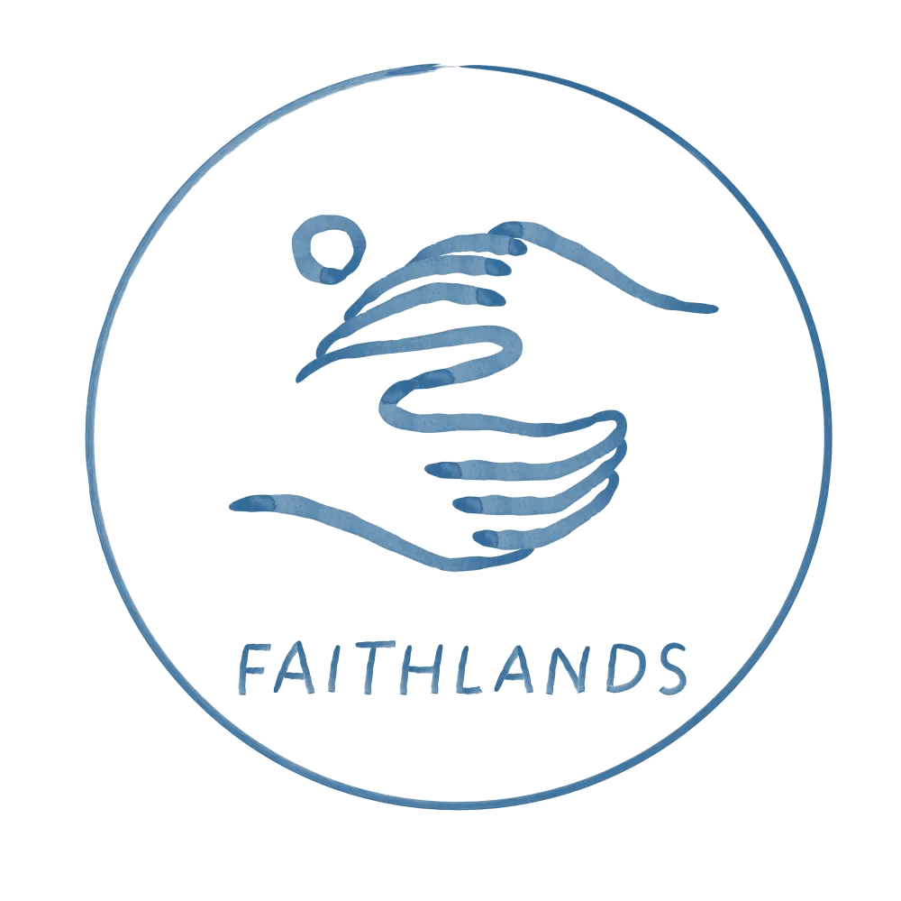 A logo featuring two hands clasped together in a handshake within a circle, with the word 'FAITHLANDS' written below in stylized text.