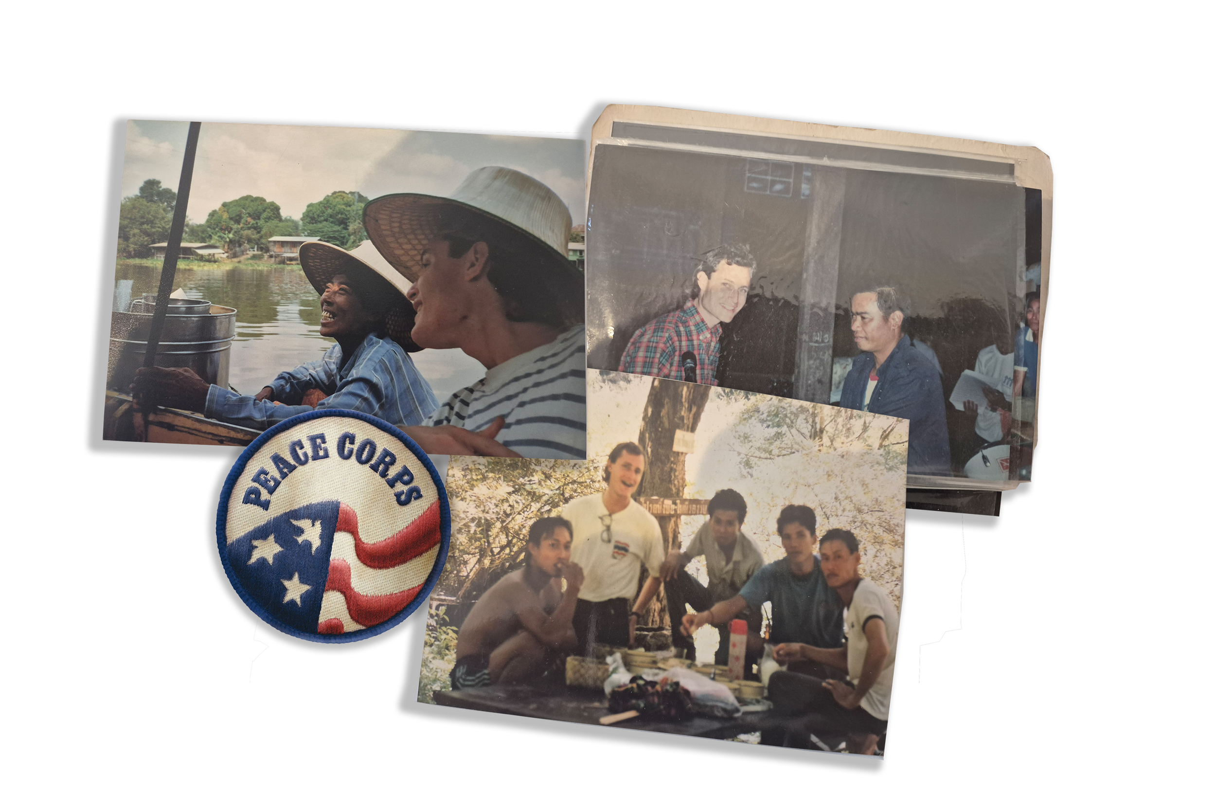 Collection of vintage photos featuring diverse groups of people outdoors, some smiling and socializing, with a Peace Corps patch in the foreground.