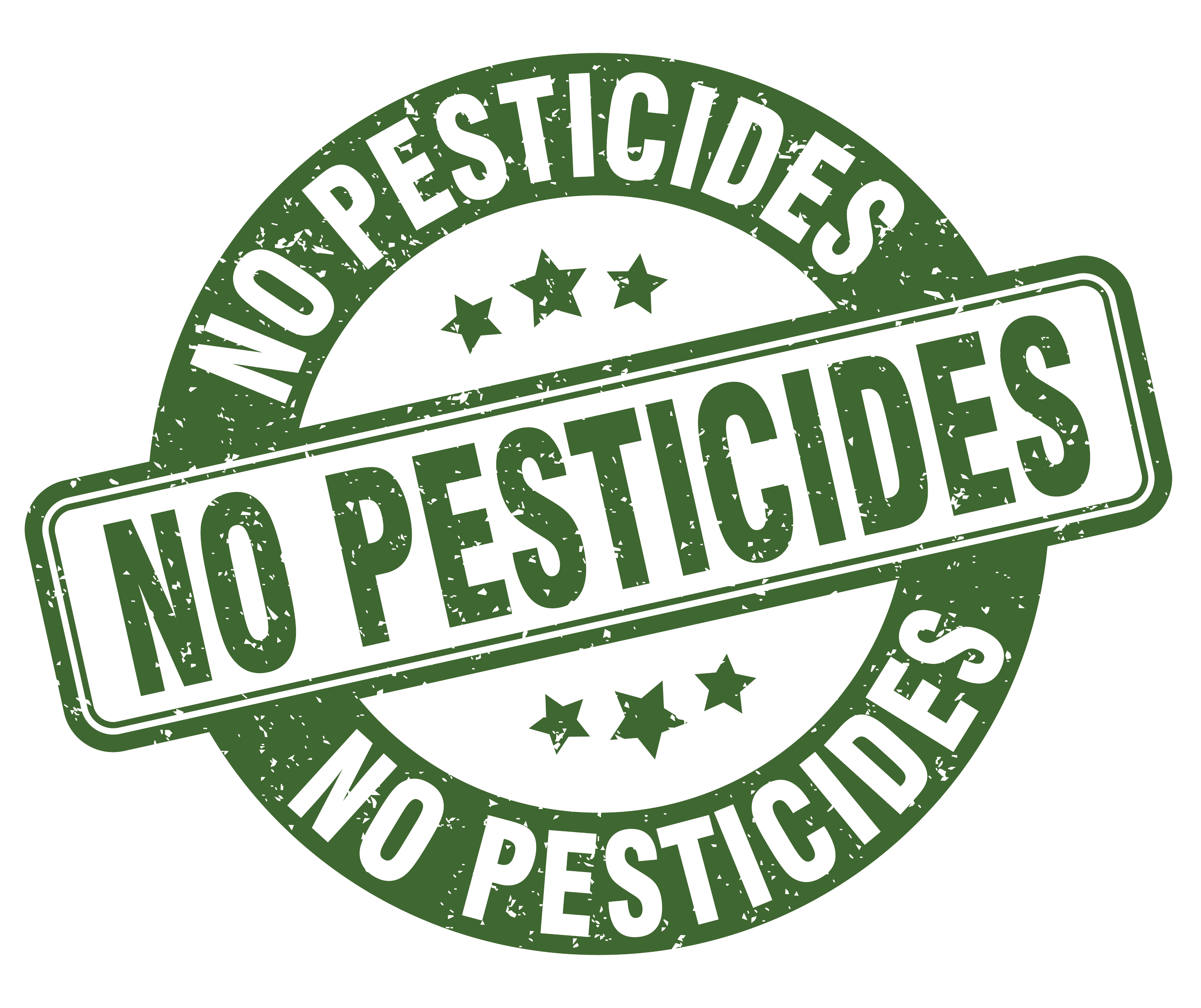 Green circular stamp with the text 'No Pesticides' repeated around the circle and diagonally across the center.