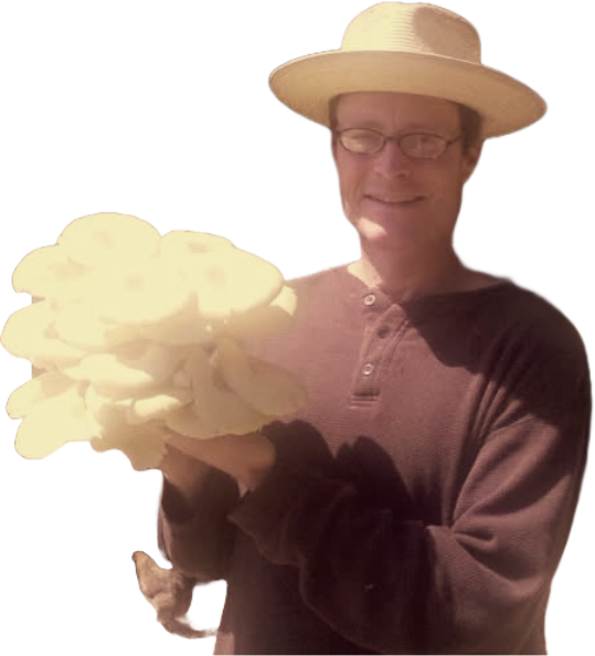 A man wearing a straw hat, glasses, and a long-sleeve shirt holding a large mushroom.