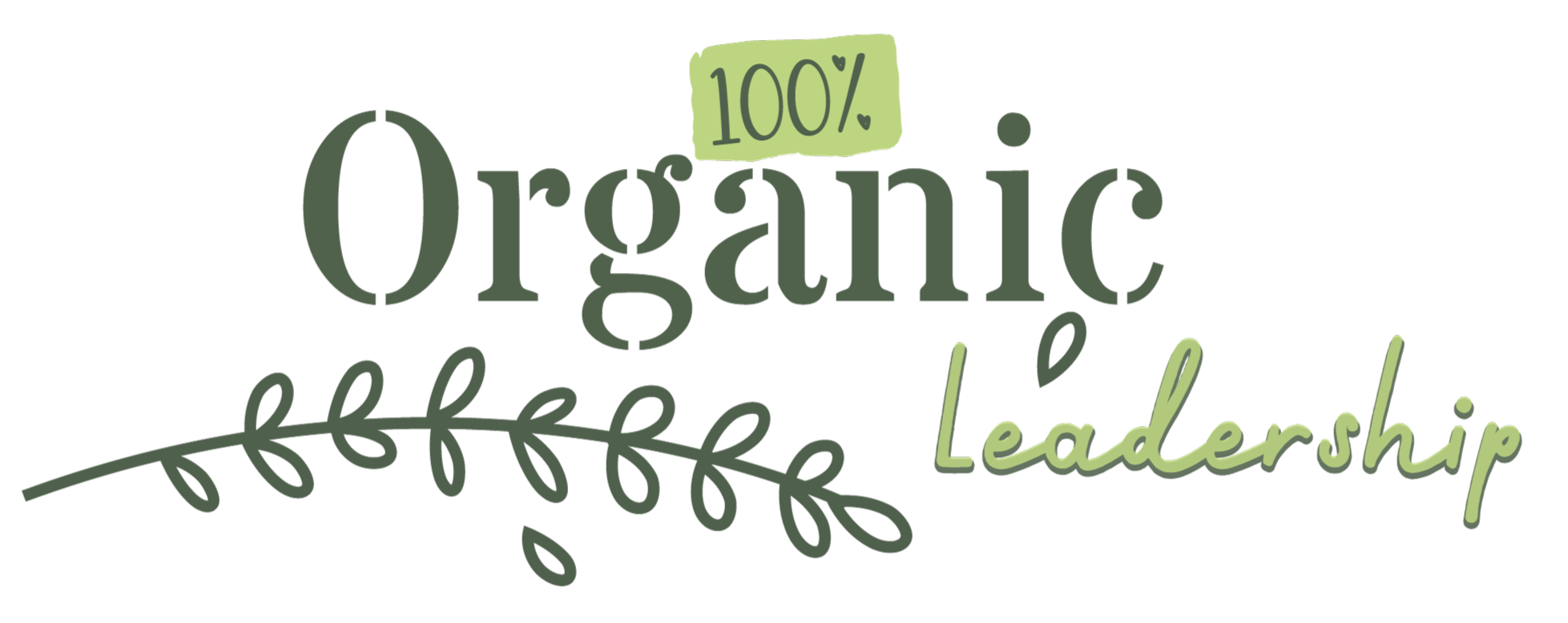 Text graphic with the words "100% Organic Leadership" in various font styles and green hues, with a decorative leaf illustration.