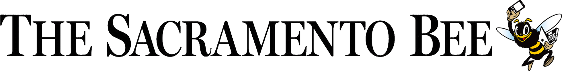 Logo for The Sacramento Bee featuring stylized black and yellow bee character holding a smartphone, tablet, and laptop.