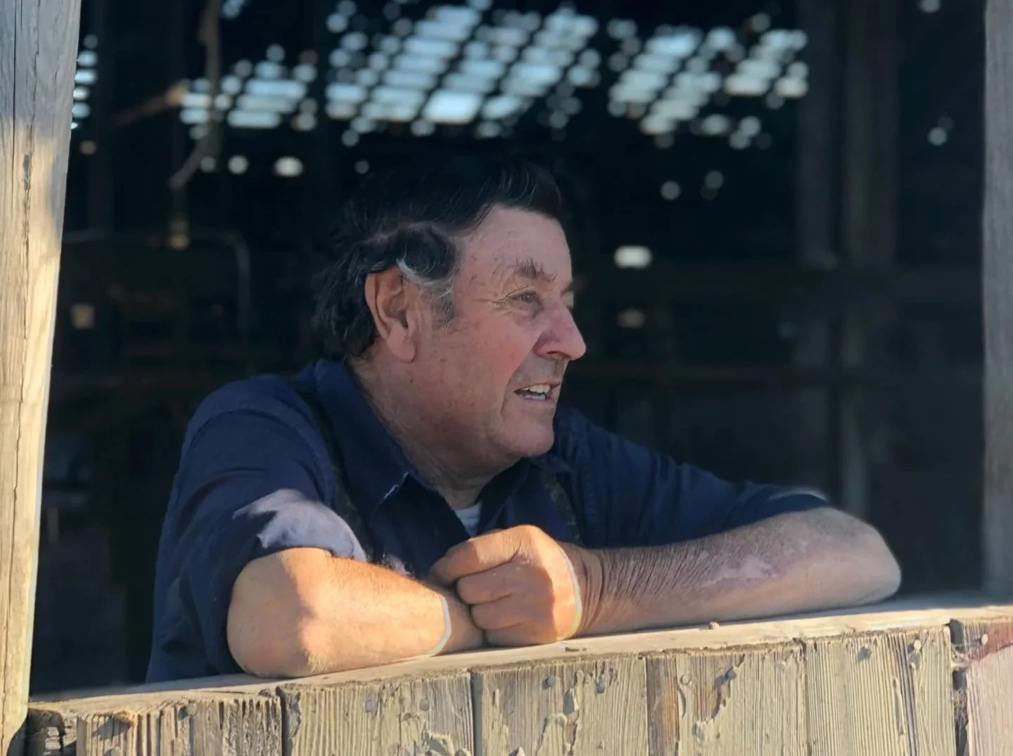 A man with dark hair and a dark blue shirt is resting his arms on a wooden railing, looking out with a slight smile, inside a rustic wooden structure with a open window.
