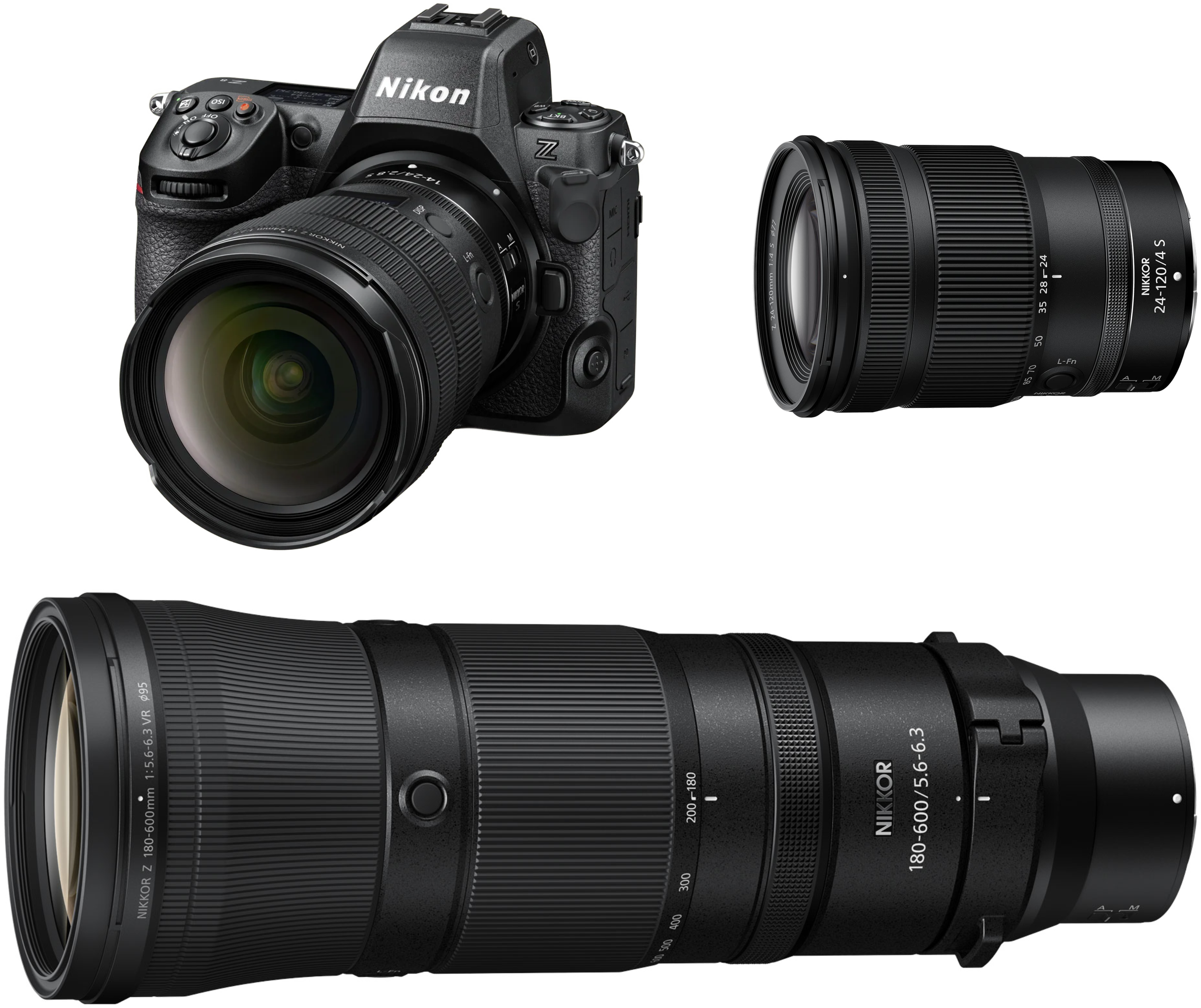 Een digitale spiegelreflexcamera en een telelens, beide van Nikon, afgebeeld op een witte achtergrond.