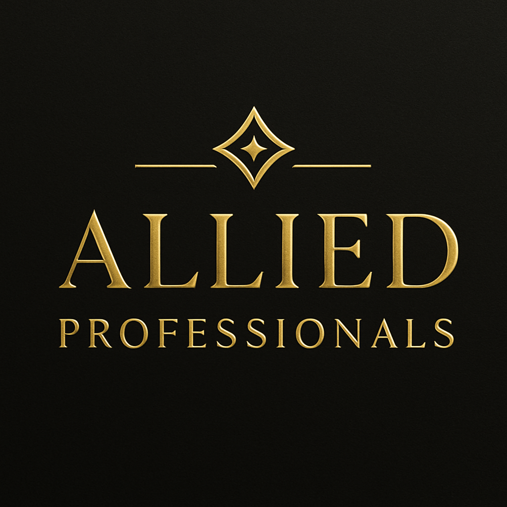Logo for Allied Professionals with gold text and symbol on a black background.
