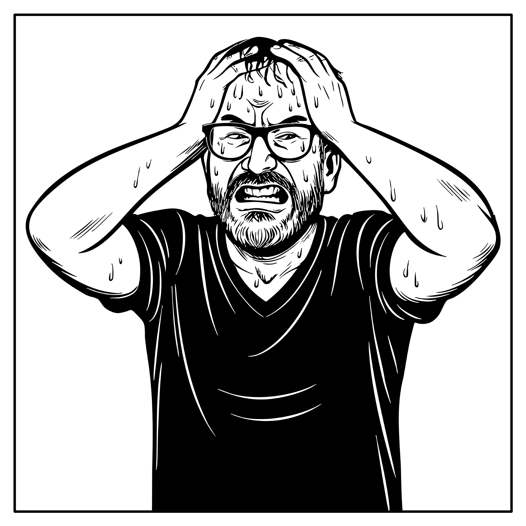 Illustration eines Mannes mit Brille, der sich die Haare hält mit Schweißperlen auf dem Gesicht.
