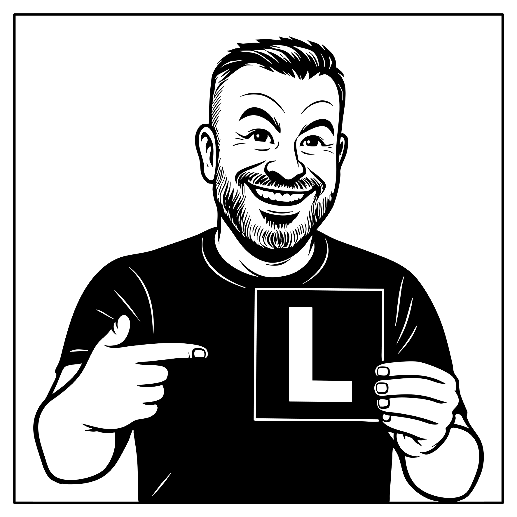 Illustration eines lachenden Mannes, der ein L-Schild in der Hand hält und auf es zeigt.