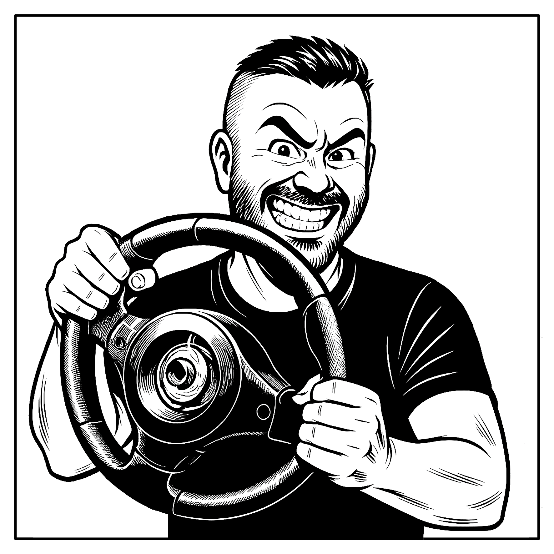 Mann hält das Steuerrad eines Autos in der Hand und wirkt aufgeregt.