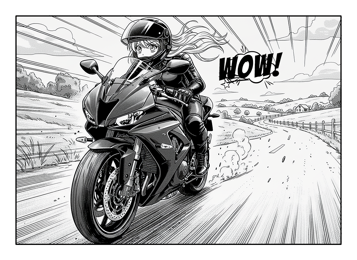 Ein Manga-Comic-Panel zeigt eine Motorradfahrerin in Schwarz, die auf einer kurvigen Landstraße fährt. Sie trägt einen Helm und einen Lederanzug.