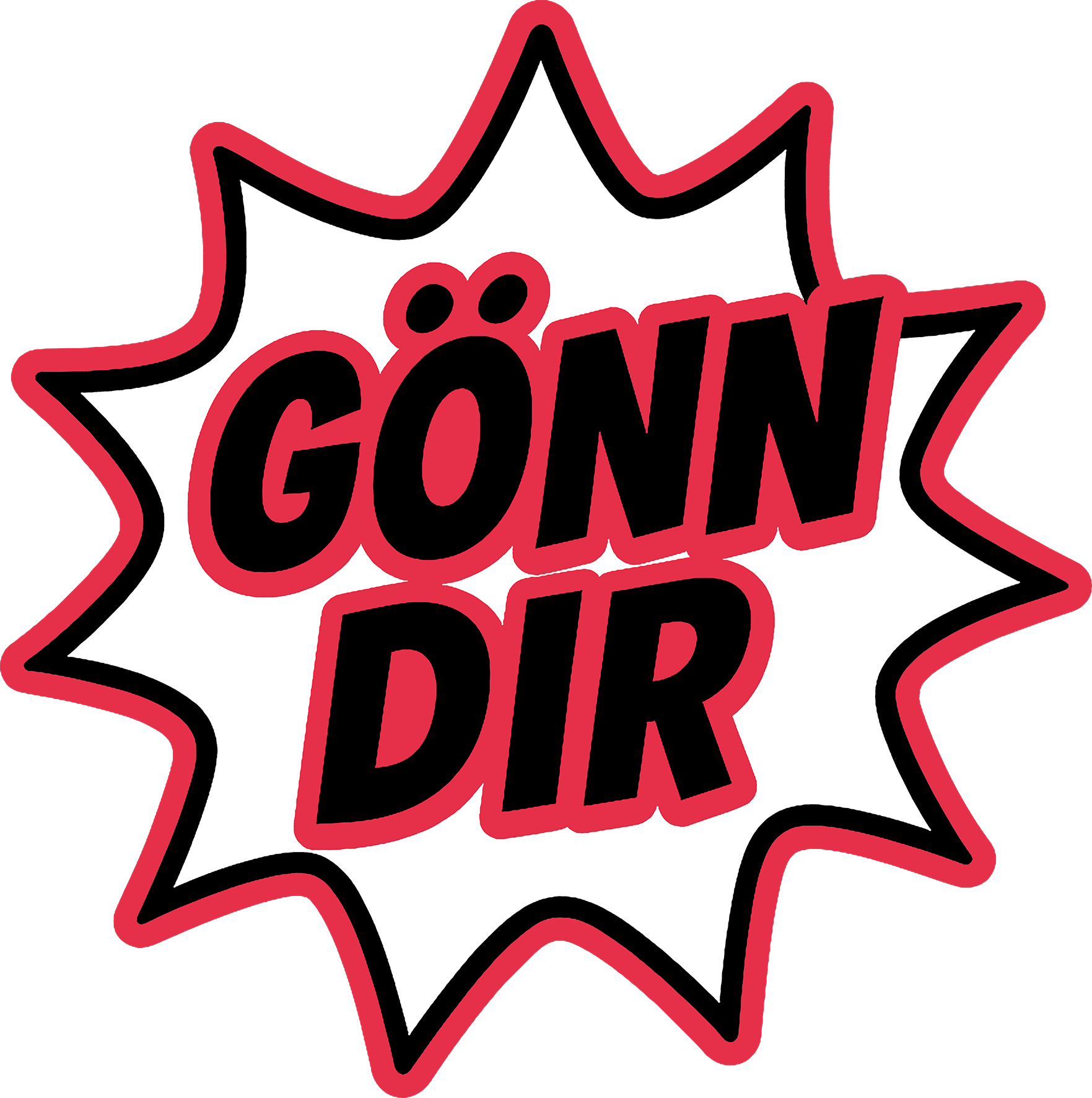 Das Bild zeigt eine comicartige Sprechblase mit dem deutschen Wort 'GÖNN DIR' in großen, schwarzen Buchstaben, umrandet mit roter Linie, auf schwarzem Hintergrund.