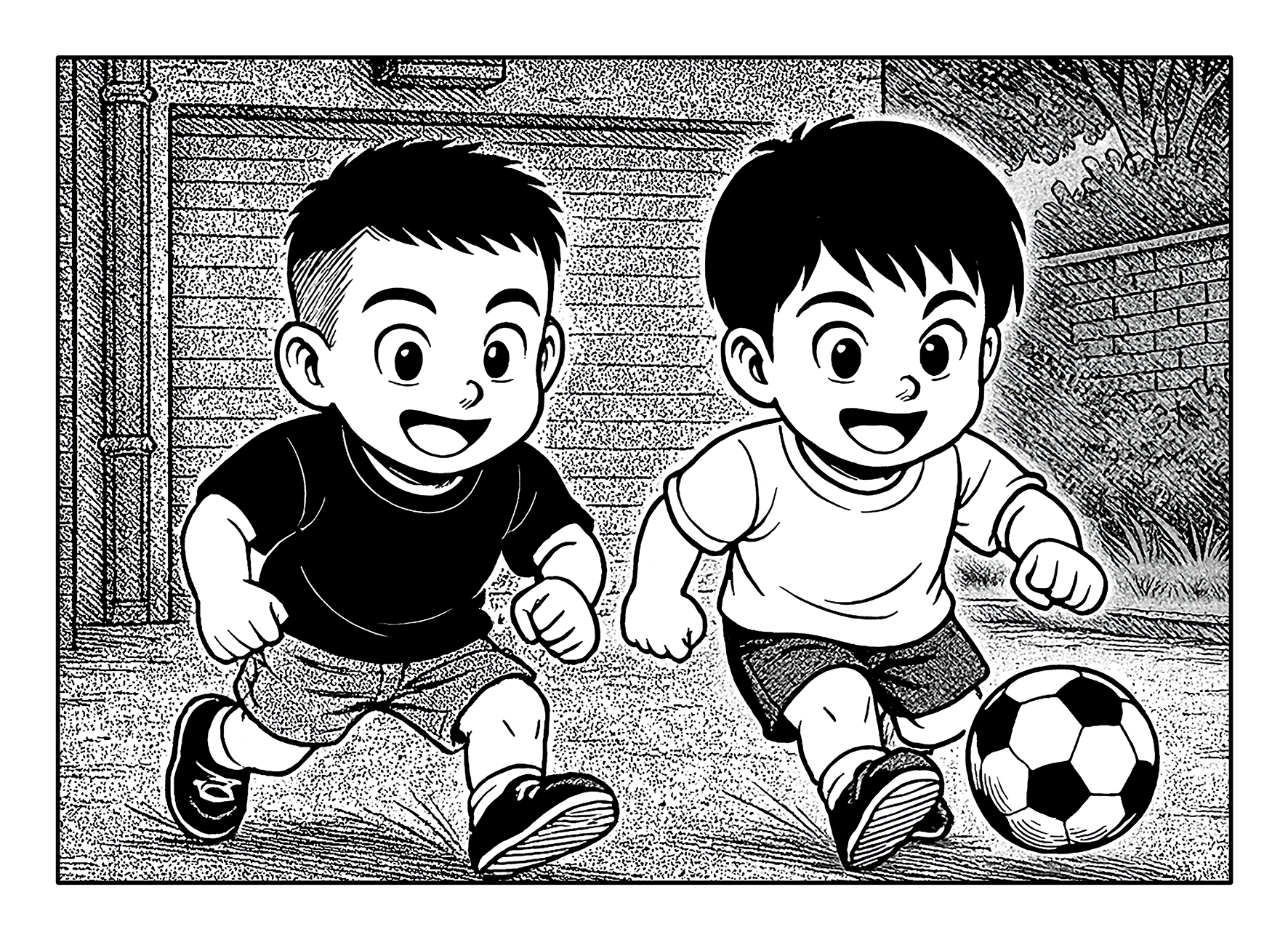 Zwei lachende Jungen spielen im Freien mit einem Fussball.