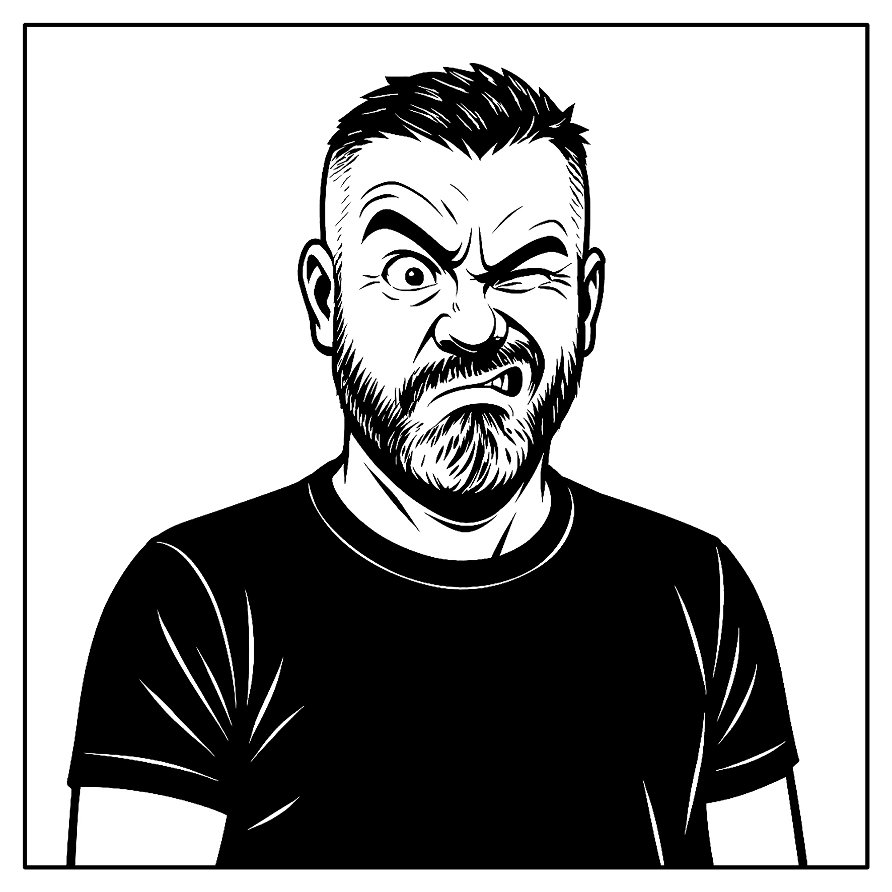 Illustration eines Mannes, der eine Grimasse zieht und eine Augenbraue hochzieht.