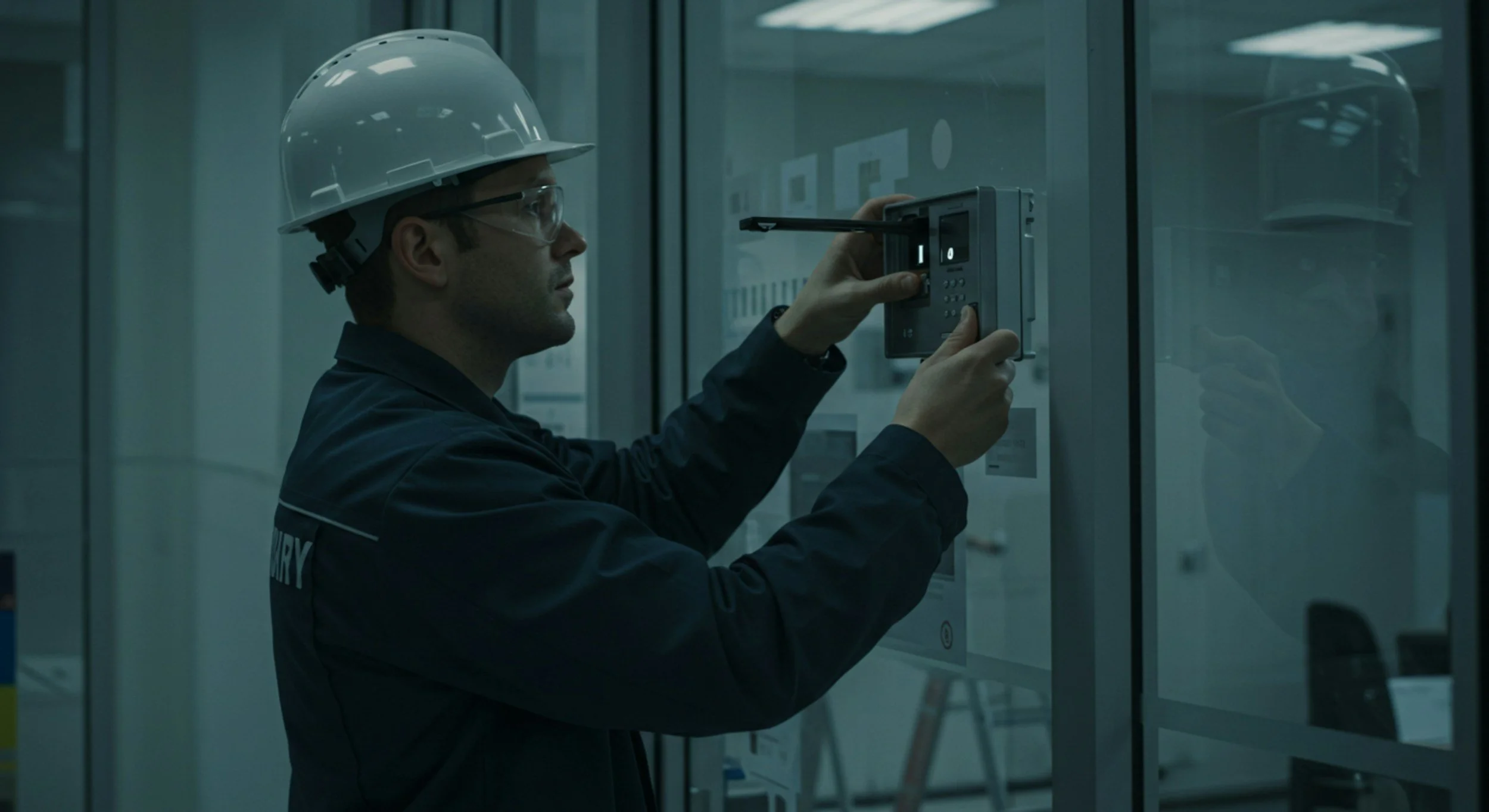A man wearing a hard hat, safety glasses, and a dark jacket labeled 'SAFETY' is adjusting a control panel in an industrial or technical environment.
