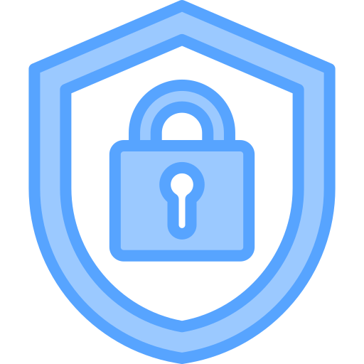Blue shield with a padlock icon in the center symbolizing security or protection.