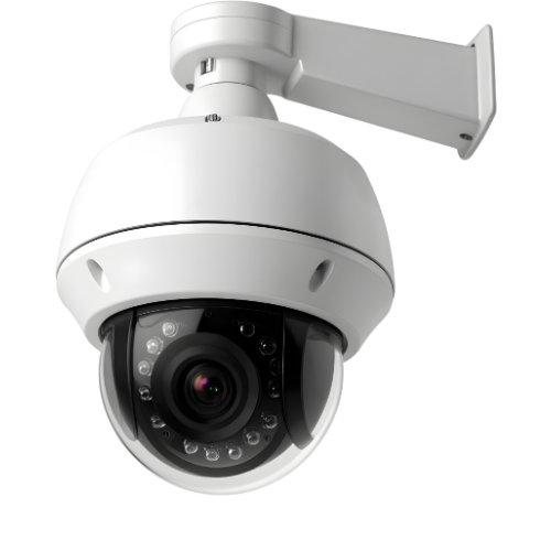 Security camera with pan-tilt-zoom capabilities mounted on a wall.