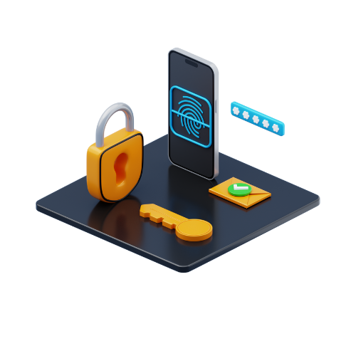 Illustration of cybersecurity concept with a padlock, smartphone scanning a fingerprint, key, password, and checkmark on a digital platform.