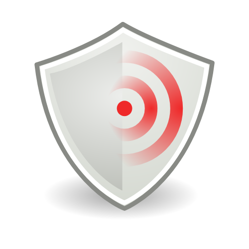 A shield insignia with a radar or target symbol in the center, divided into a lighter and darker gray background.