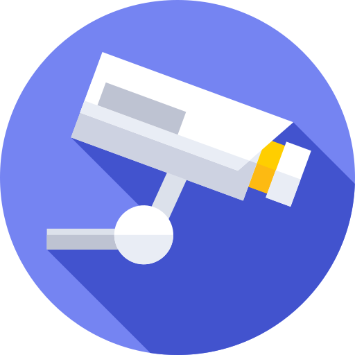 Illustration of a security camera with a shadow on a blue circular background.