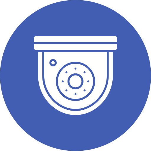 Blue circular icon with a white security camera illustration.
