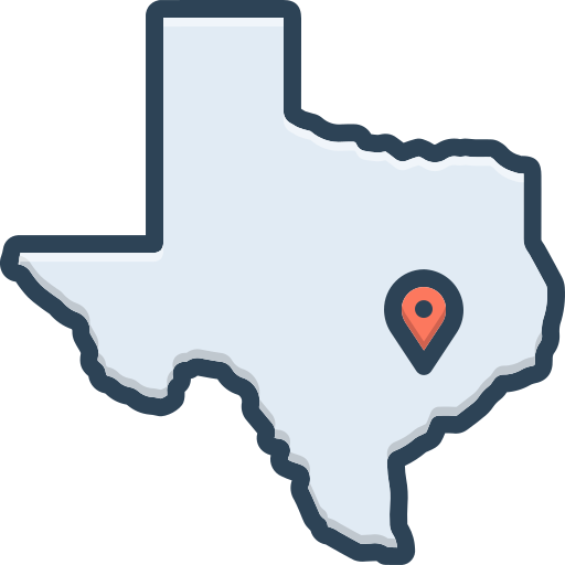 Outline of the state of Texas with a location pin marked in the southeastern region.