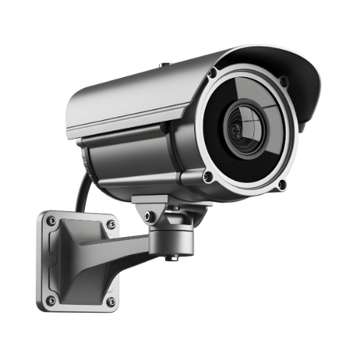 Security camera mounted on a wall with a black background.