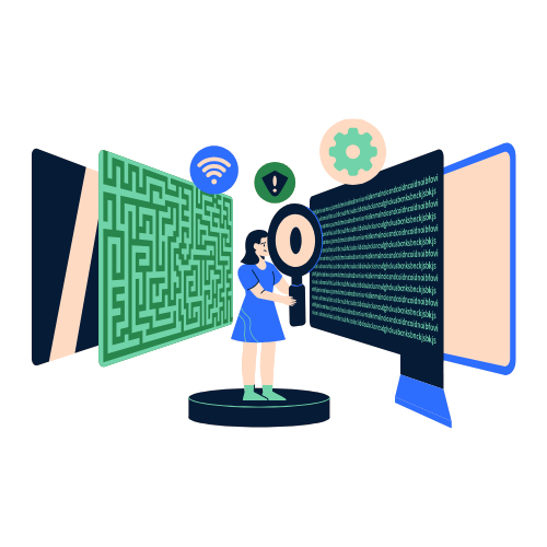 Person standing between two large computer screens with binary code, surrounded by icons indicating security, alerts, and settings.