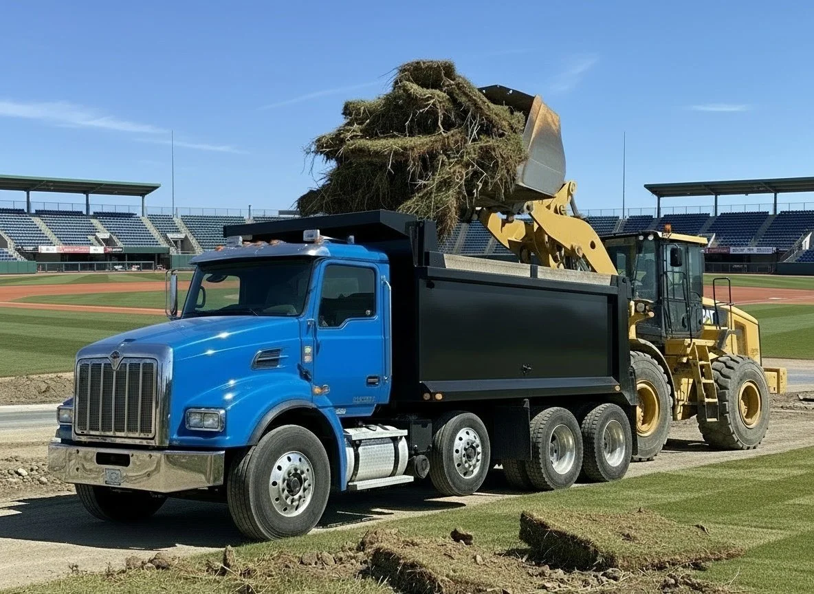 A blue dump truck and a yellow bulldozer working on a baseball field, moving dirt and grass during field maintenance.