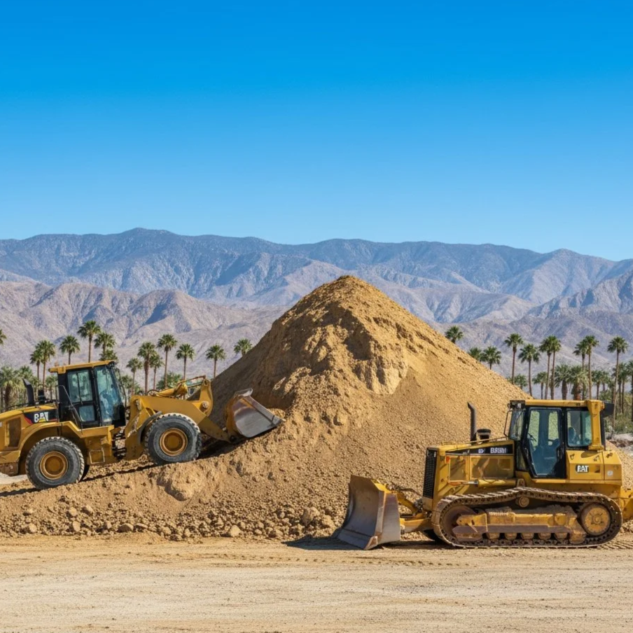 Two yellow construction vehicles, a bulldozer and a loader, working on a dirt pile at a construction site with mountains and palm trees in the background.