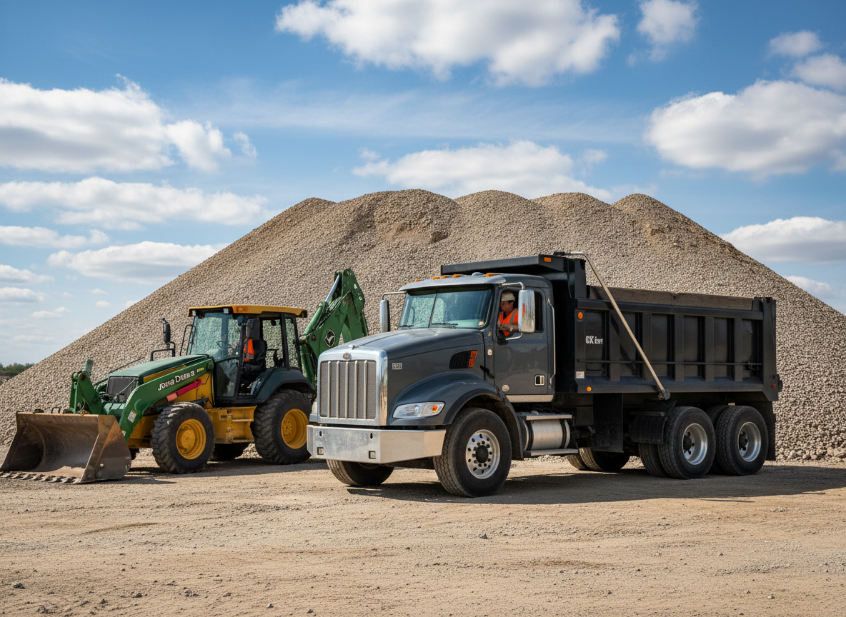 A dump truck and a front loader parked on a construction site with a large pile of gravel in the background behind a partly cloudy sky.