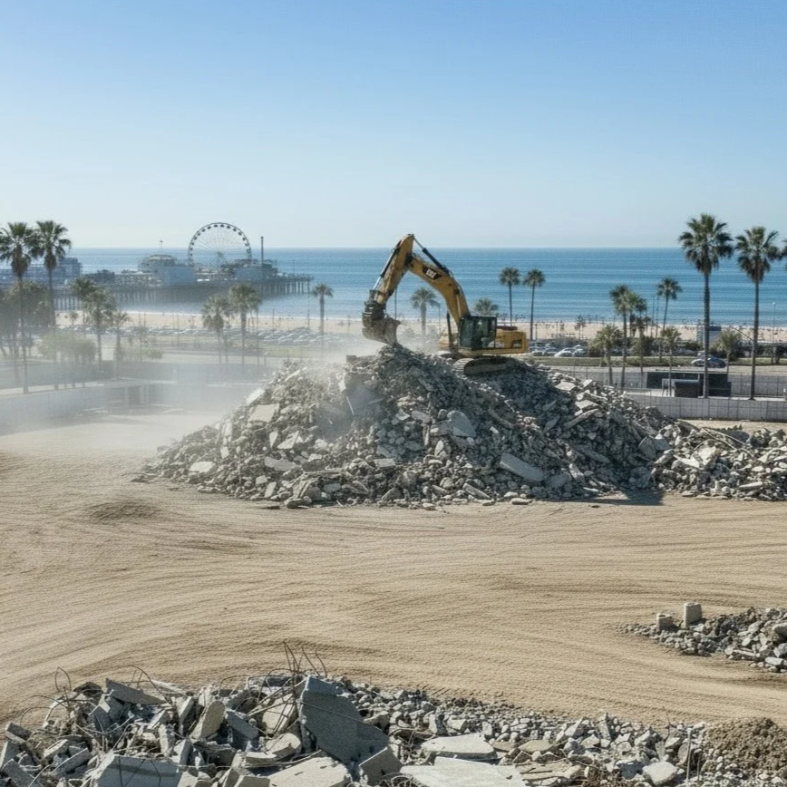 Excavator demolishing a building with a view of the beach, palm trees, and an amusement park in the background.