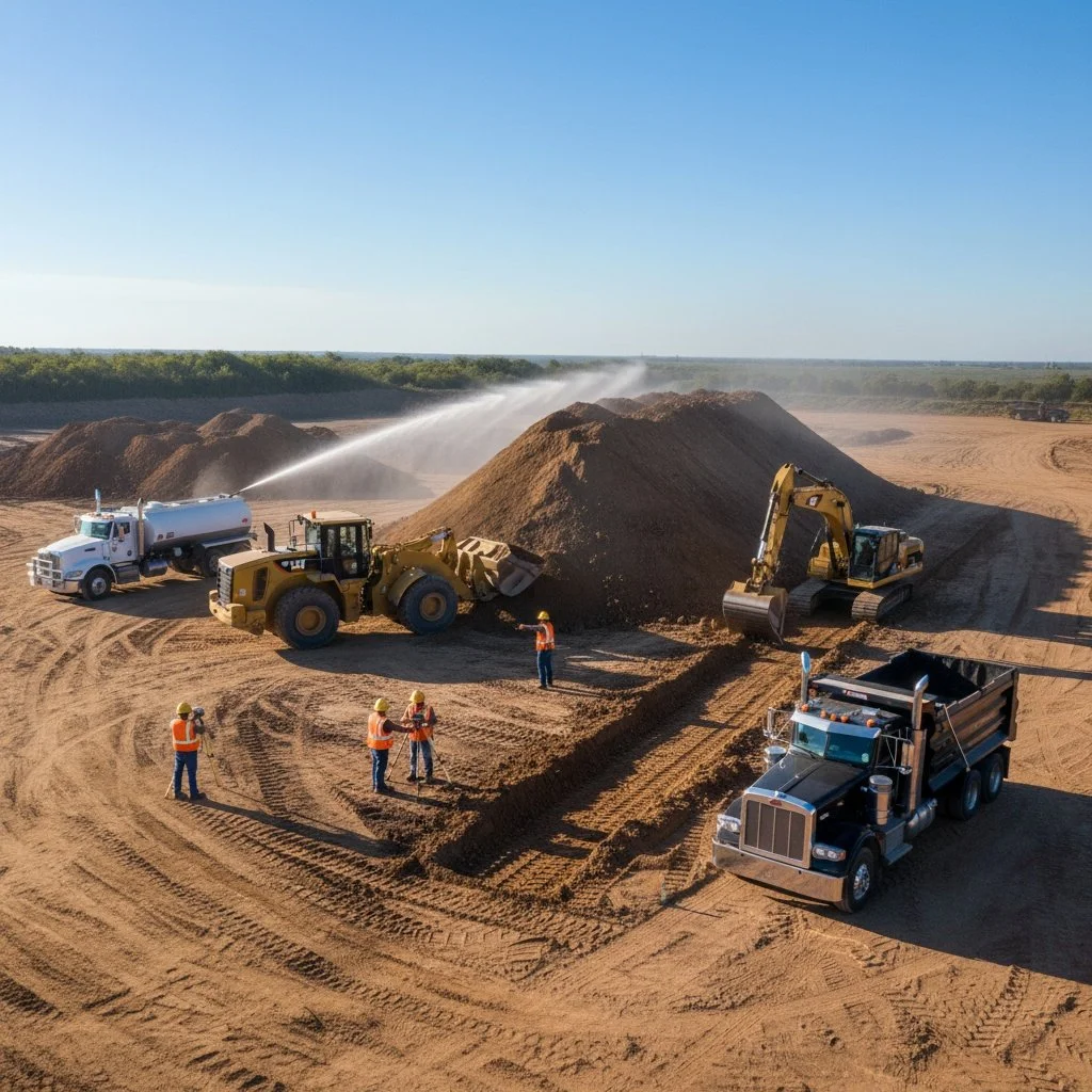 Construction workers and heavy machinery, including an excavator, bulldozer, water truck, and dump truck, working on a large dirt site with piles of earth and clear blue sky in the background.