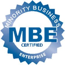 MBE Certified Minority Business Enterprise logo with blue badge and white text.