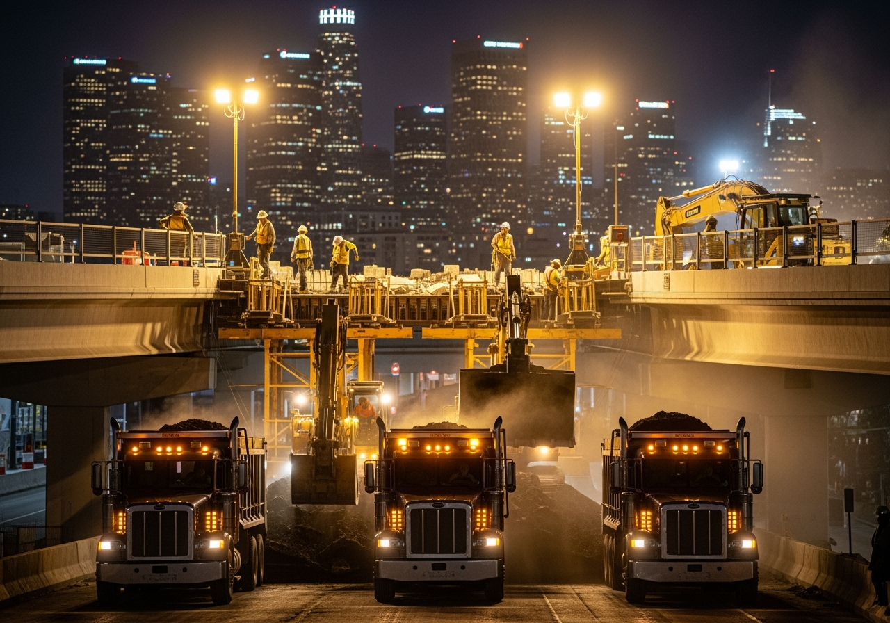 night operations construction workers and trucks in dark city