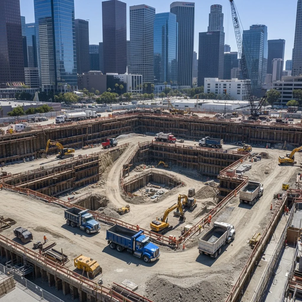 Construction site with heavy machinery and trucks in front of a city skyline with tall office buildings.
