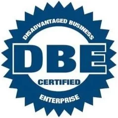 A blue badge with a starburst shape reading 'Disadvantaged Business Enterprise Certified Enterprise' with 'DBE' in large letters in the center.