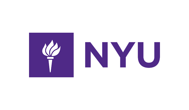 NYU logo featuring a purple square with a white torch and the letters 'NYU' in purple.