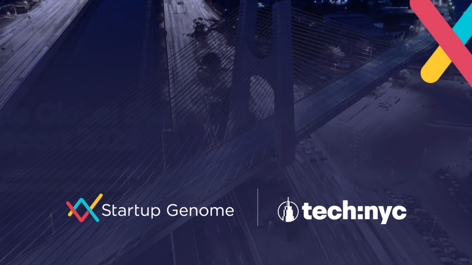 Overlay image of a city bridge at night with logos of Startup Genome and Tech:NYC.
