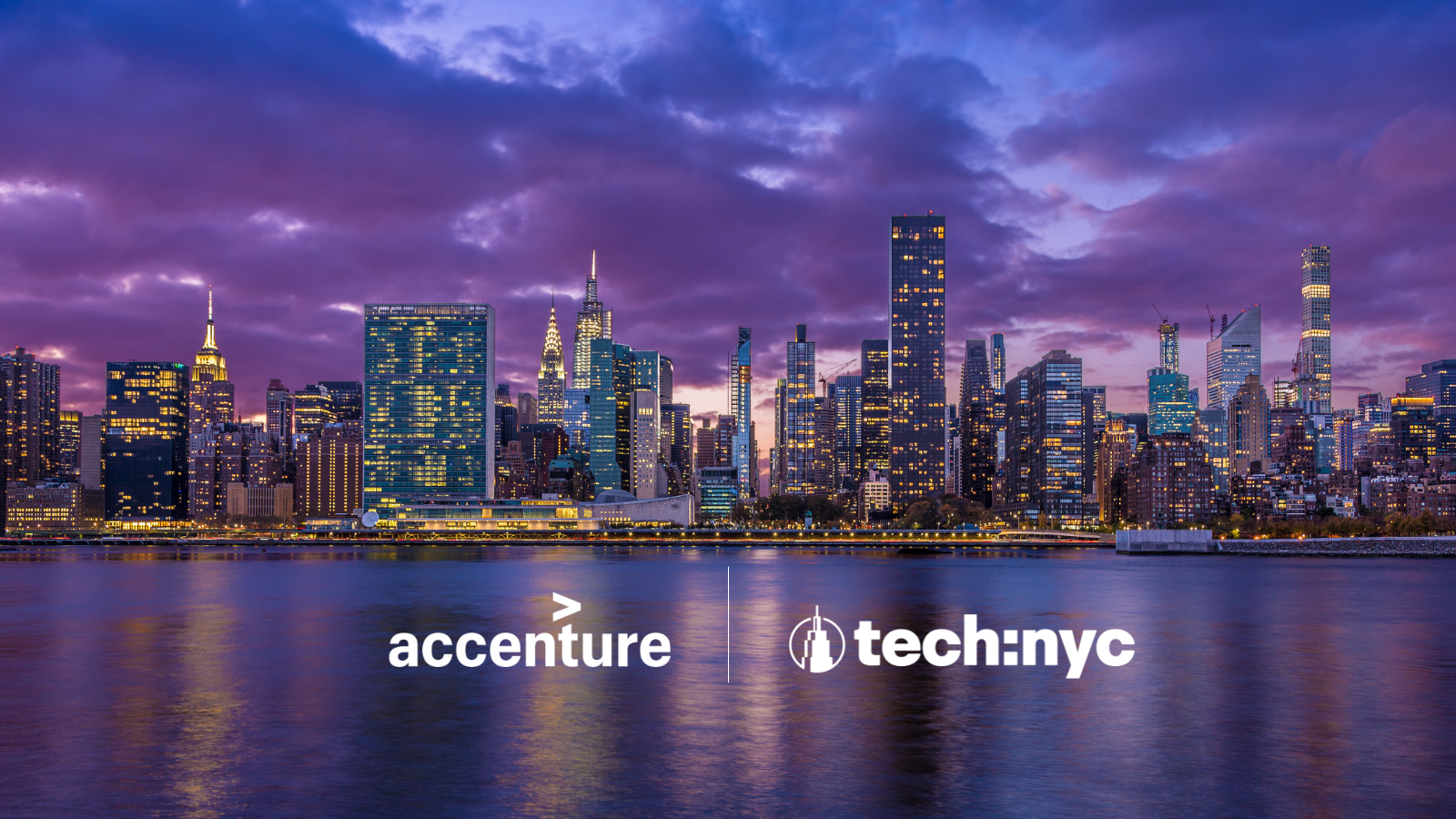 A city skyline at dusk with illuminated skyscrapers reflecting on a river, clusters of purple and blue clouds in the sky, and logos for Accenture and Tech:NYC at the bottom.
