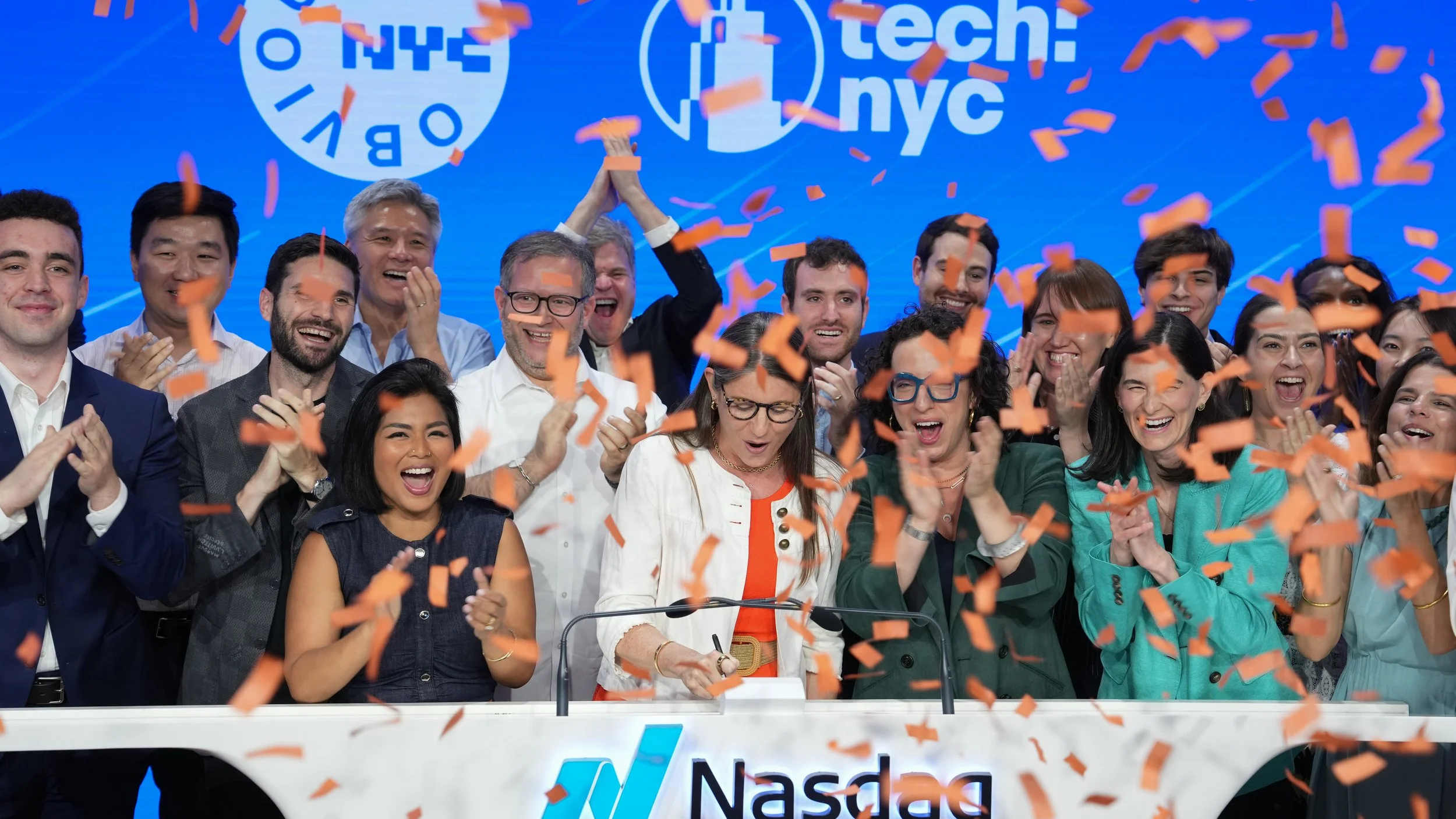 Tech:NYC members celebrate the launch of Obviously NYC at the Nasdaq closing bell. (Photo: Nasdaq)
