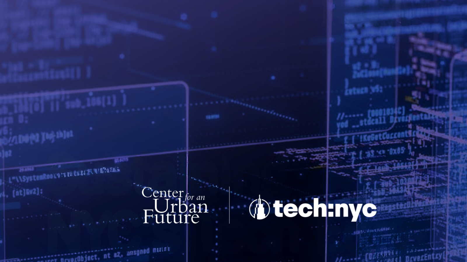 Digital background with code snippets and logos for Center for an Urban Future and tech:nyc.