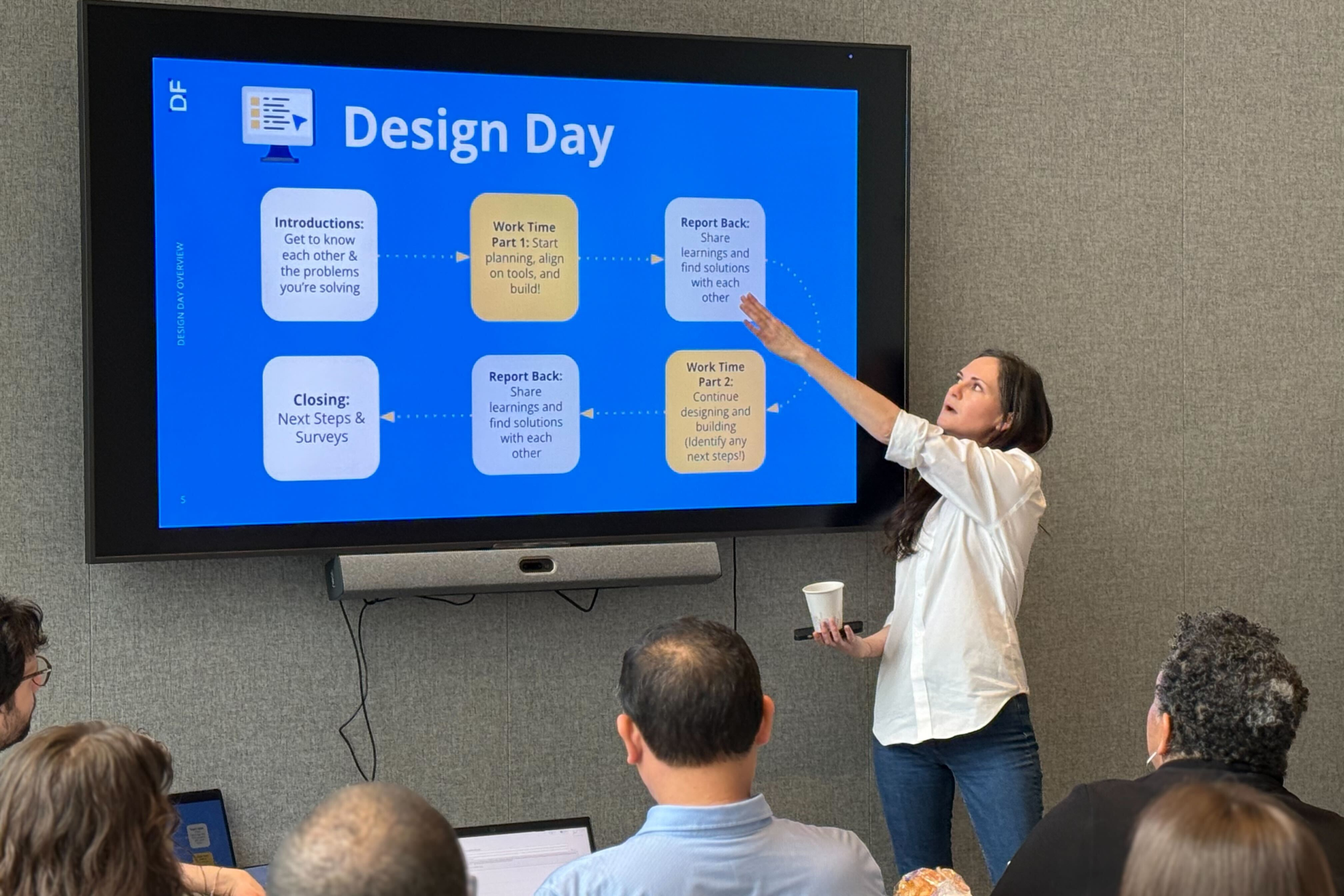 A woman giving a presentation on 'Design Day' to an audience, pointing at a blue slide with a flowchart of activities, including introductions, work time, report back, and closing.