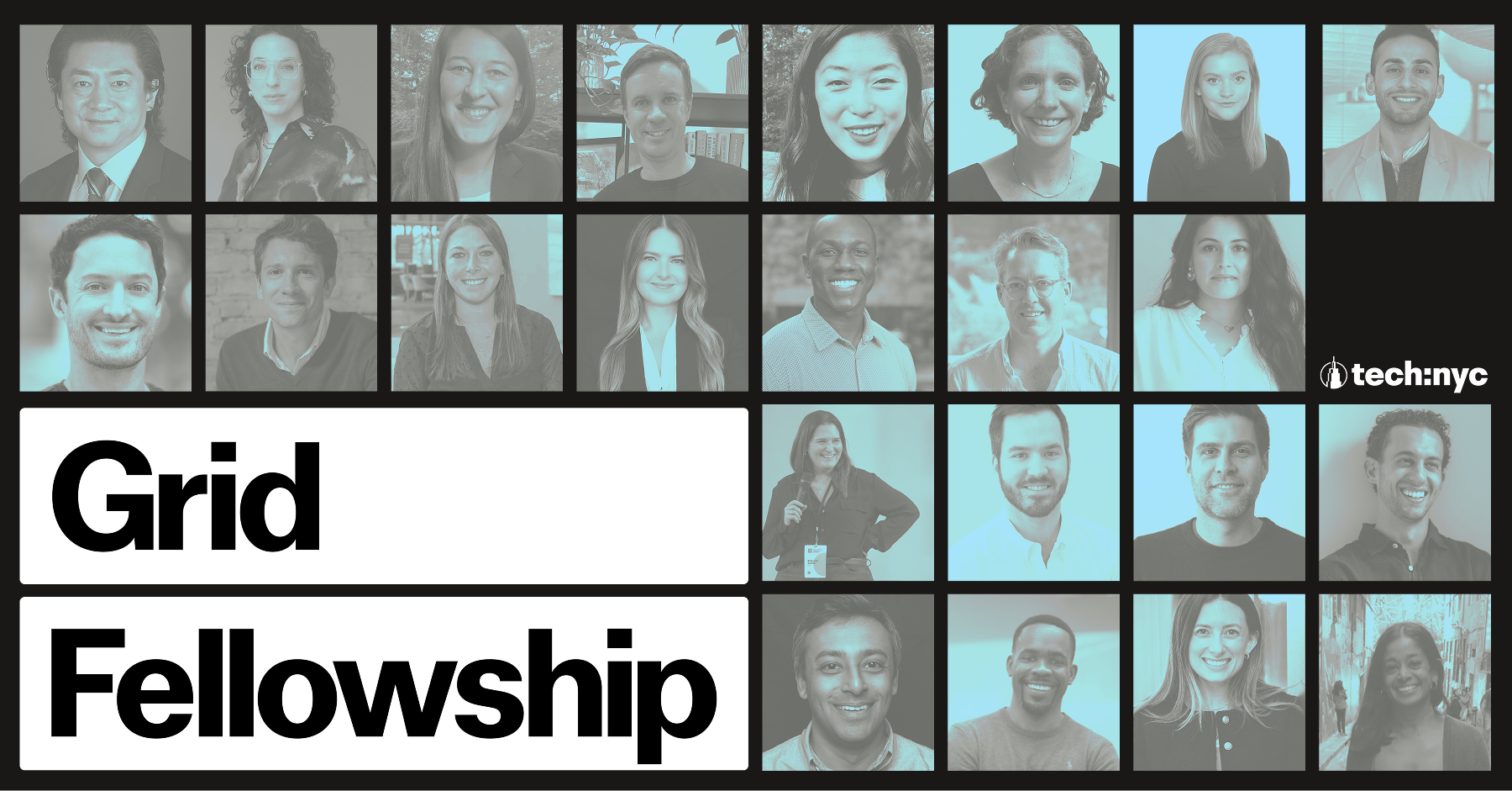 A collage of diverse professional individuals, some in grayscale and some in color, arranged in a grid, with text overlaid that reads 'Grid Fellowship.' The bottom right corner features the tech:nyc logo.