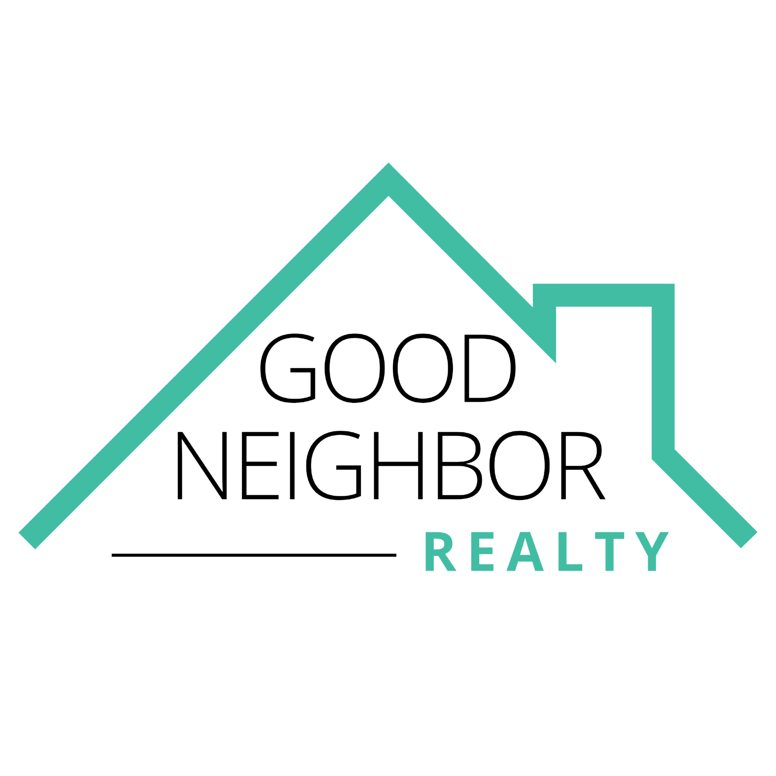 Logo for a real estate company with a stylized mountain and arrow design in teal, featuring the words 'Good Neighbor Realty'.