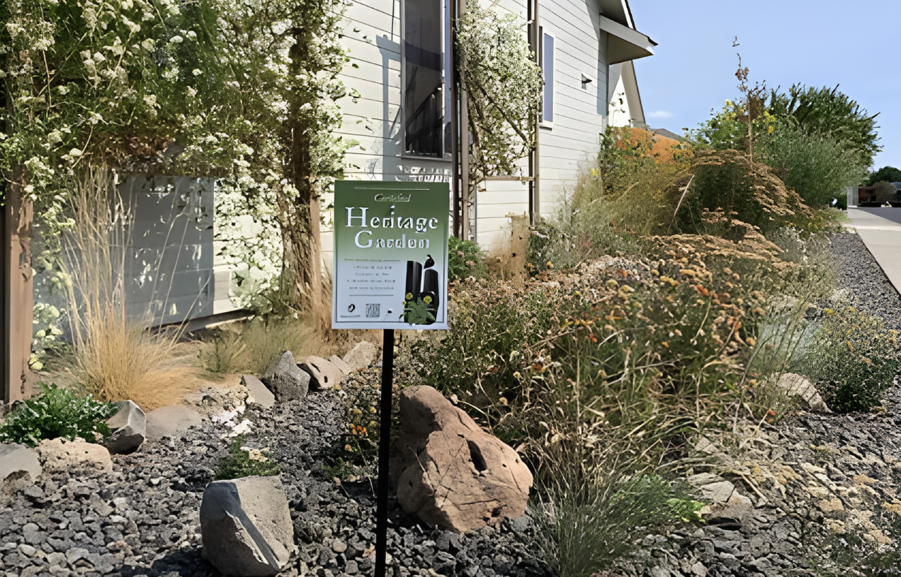 A Heritage Garden sign in a native garden bed with rocks, plants, and bushes in front of a white house with gray siding in the Yakima Valley.