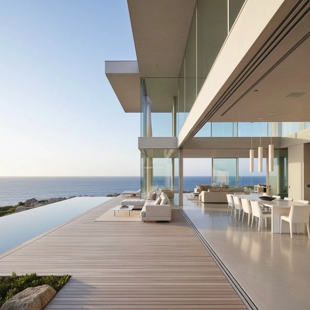 Modern house with large glass windows and an outdoor patio overlooking the ocean, featuring outdoor couches and a dining area.