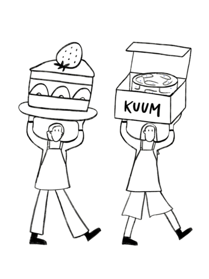 Two people carrying large boxes on their heads, one box containing a cake with a strawberry on top, and the other labeled "KUUM" with a pizza inside.